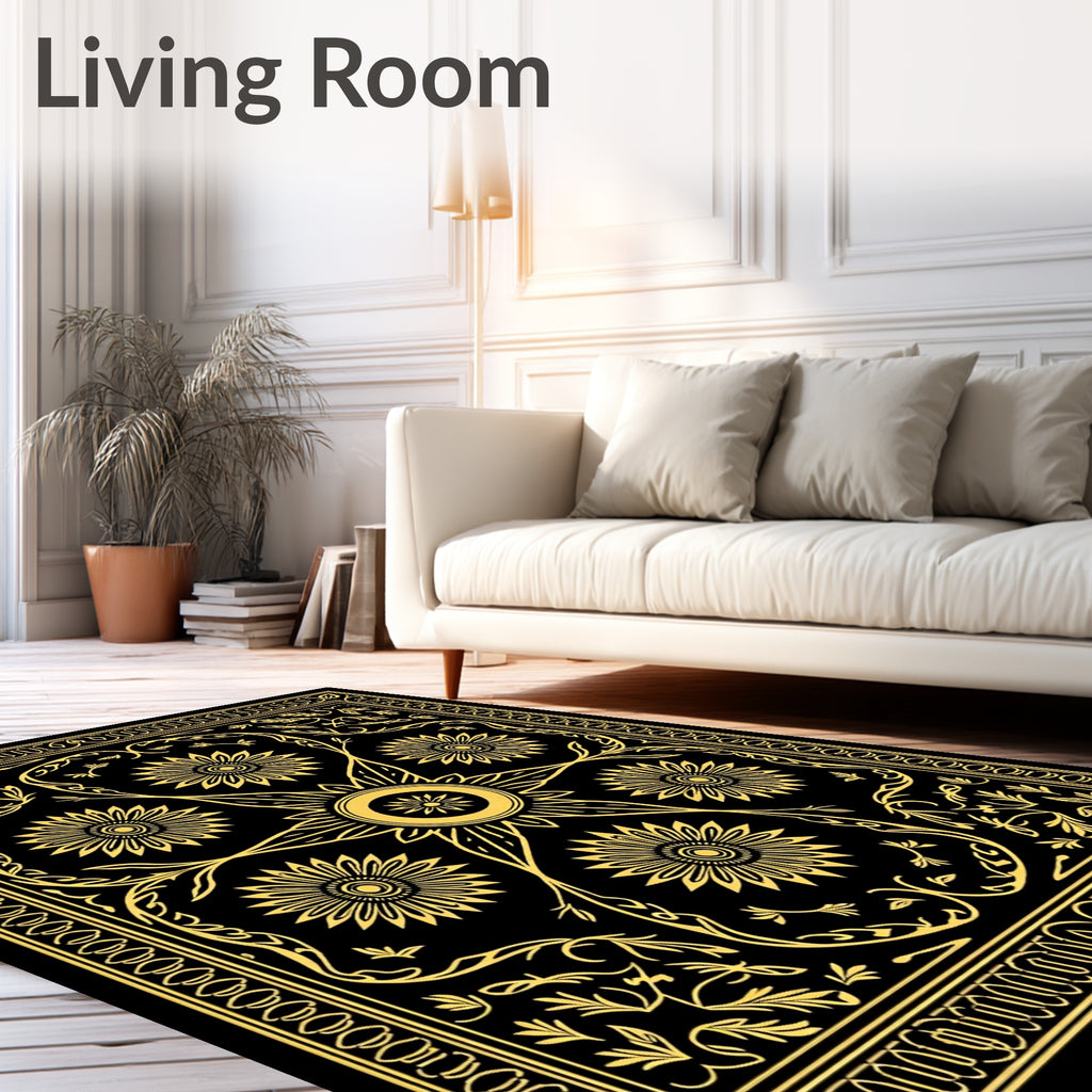 Golden Sunburst Floral Border Rug