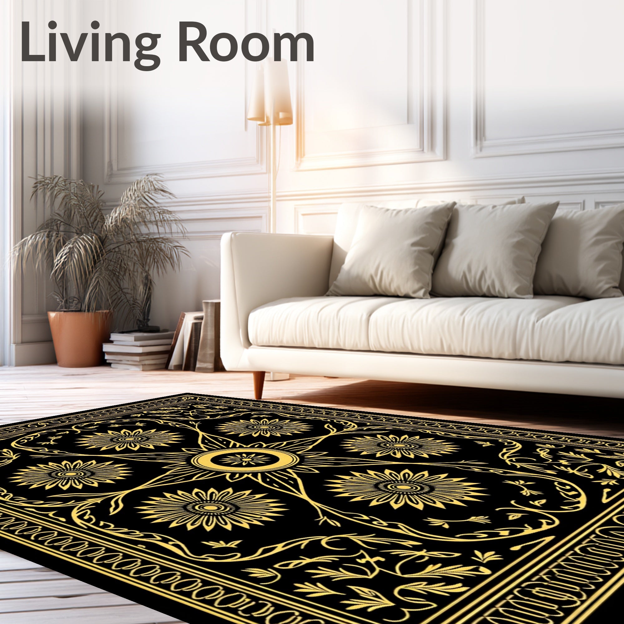 Golden Sunburst Floral Border Rug