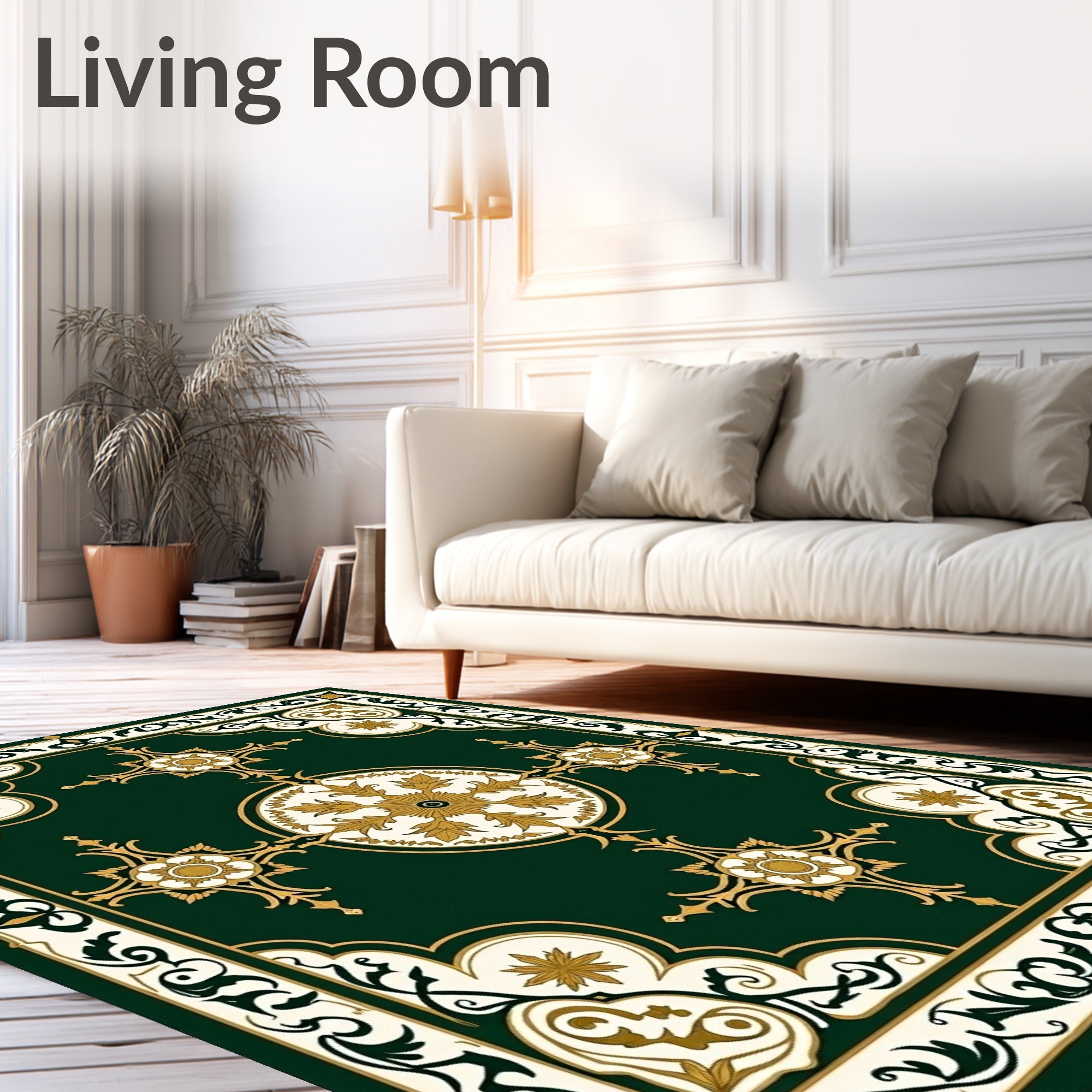 Ornate Floral Centerpiece Green Gold Rug