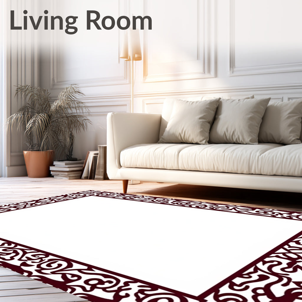 Ornate Maroon Swirl Border Design Rug