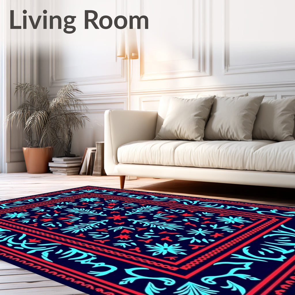 Coastal Navy Blue Coral Border Rug