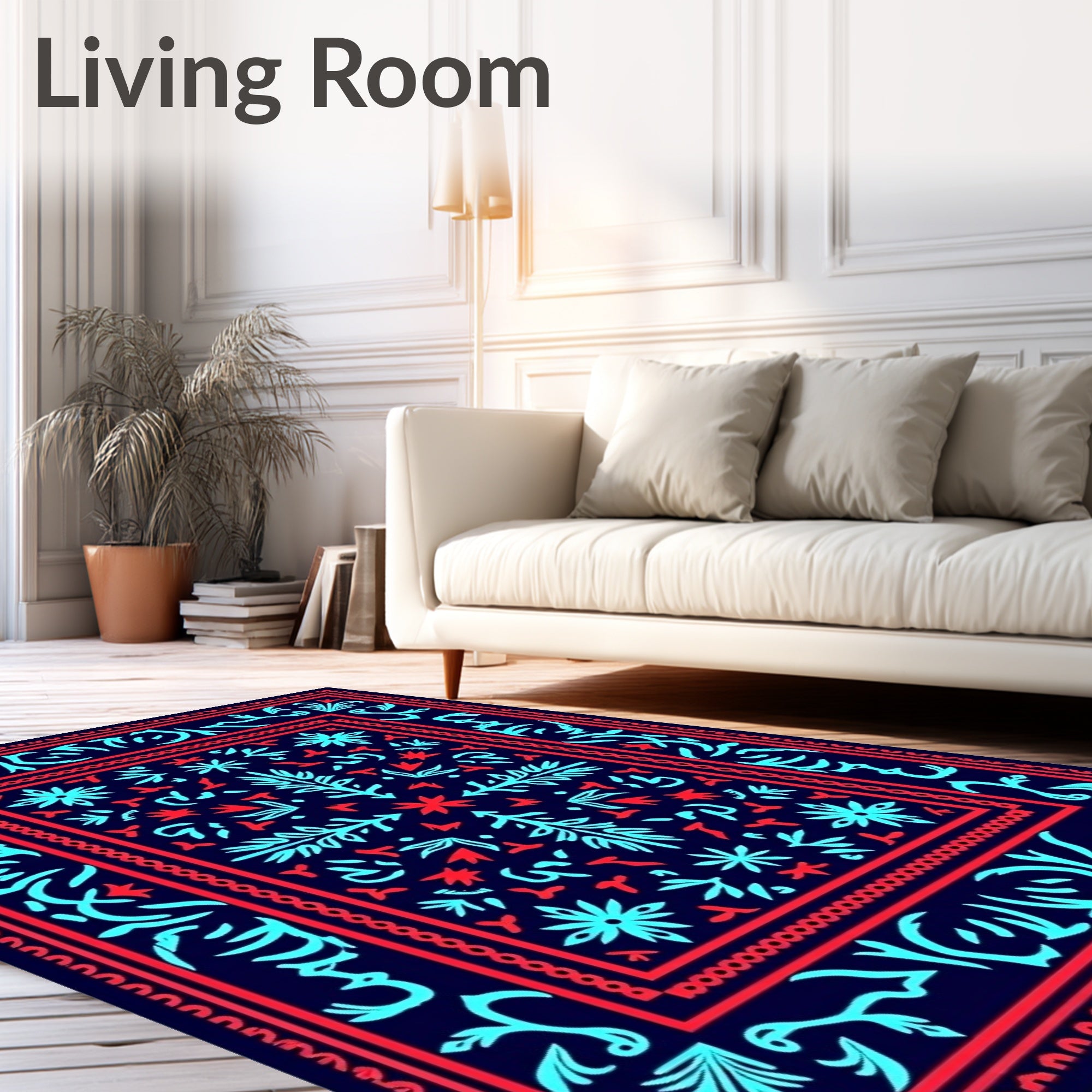 Coastal Navy Blue Coral Border Rug