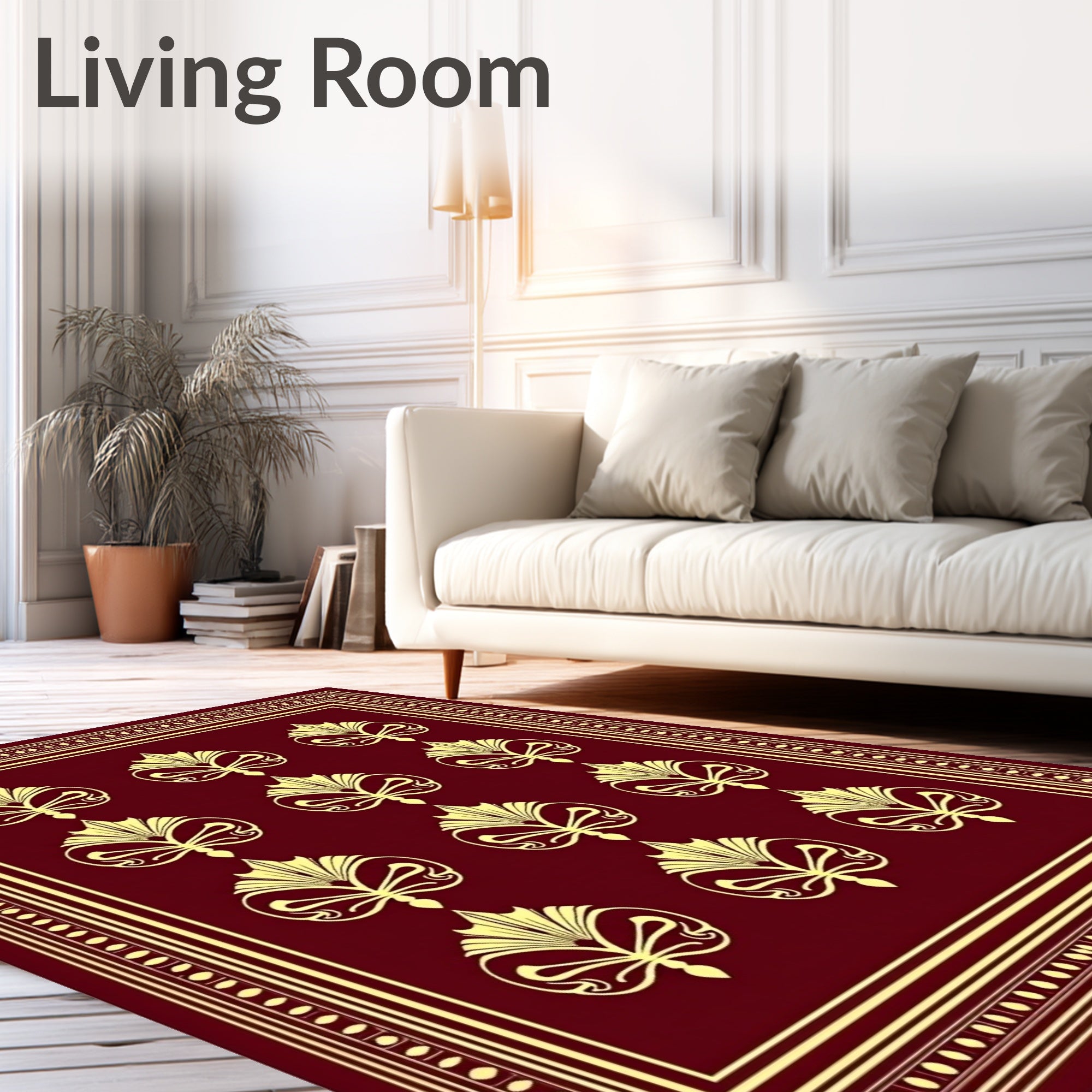 Golden Floral Burgundy Damask Design Rug