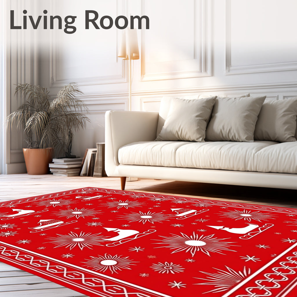Crimson Red Sleighs Sunburst Snowflake Rug