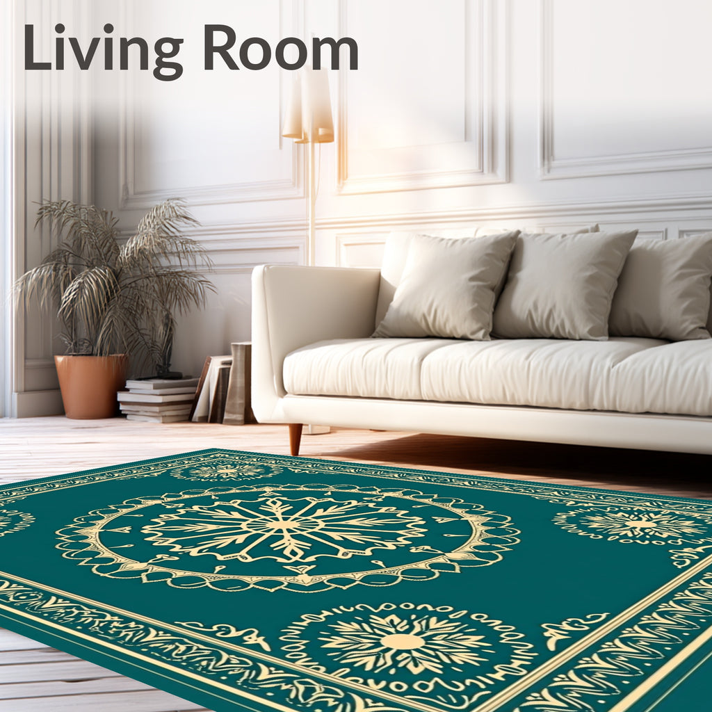 Deep Teal Sunburst Mandala Border Rug