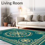 Deep Teal Sunburst Mandala Border Rug