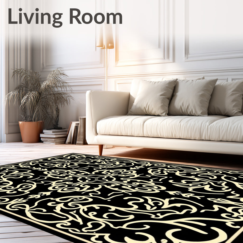 Elegant Black Ivory Scroll Pattern Rug