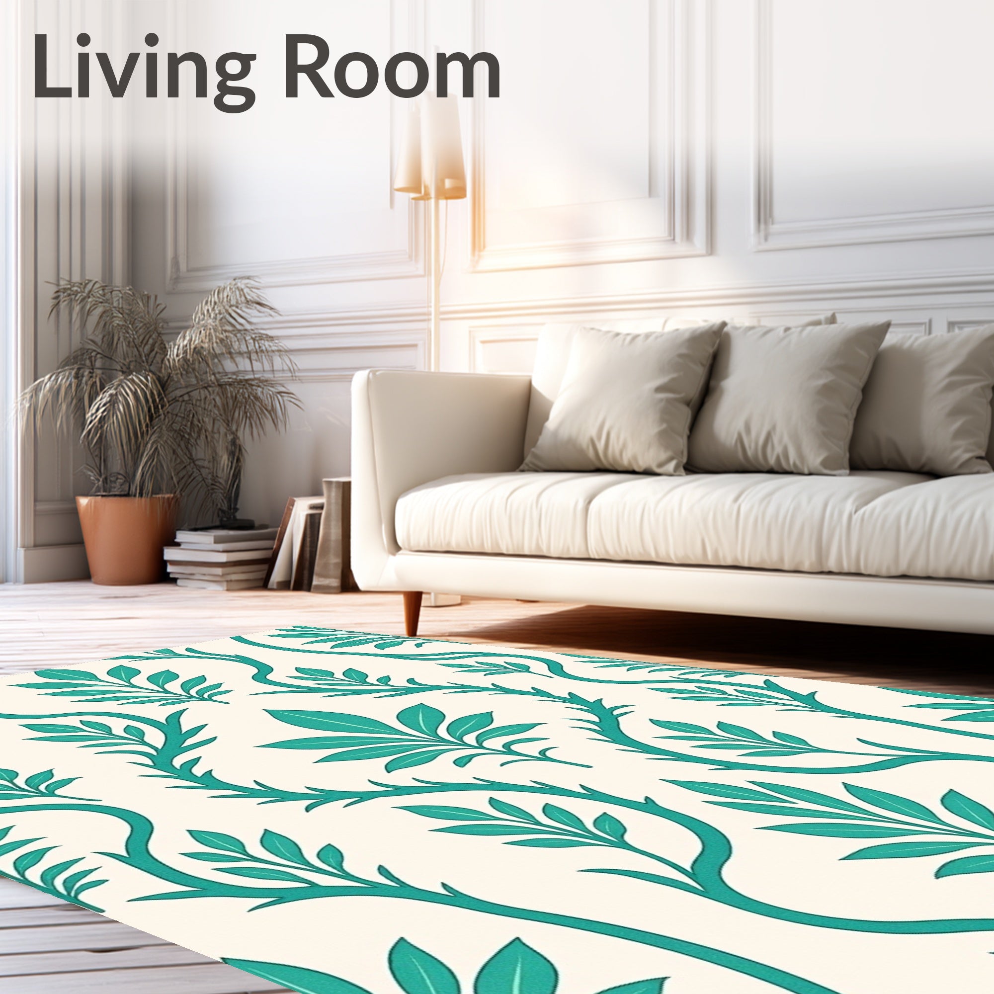 Teal Vine Leaf Damask Pattern Rug