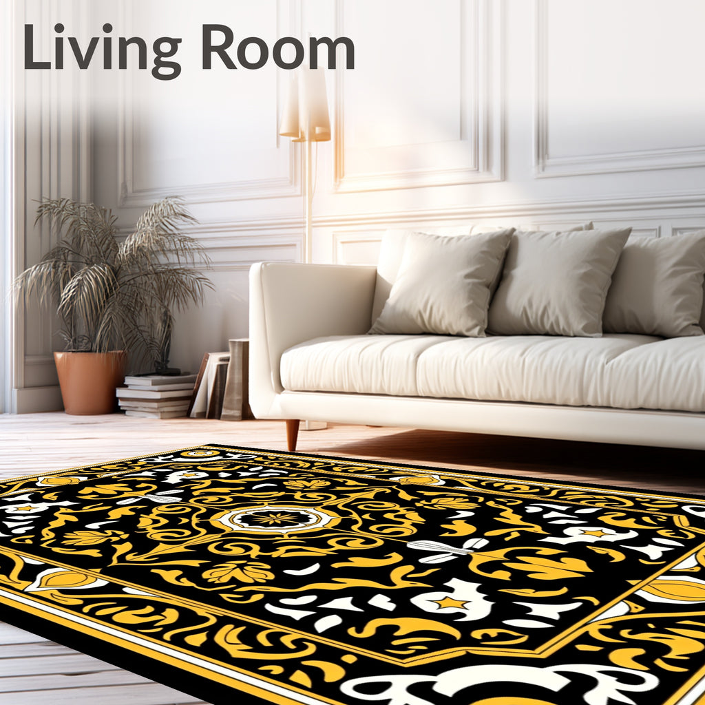 Elegant Black Gold Floral Pattern Rug