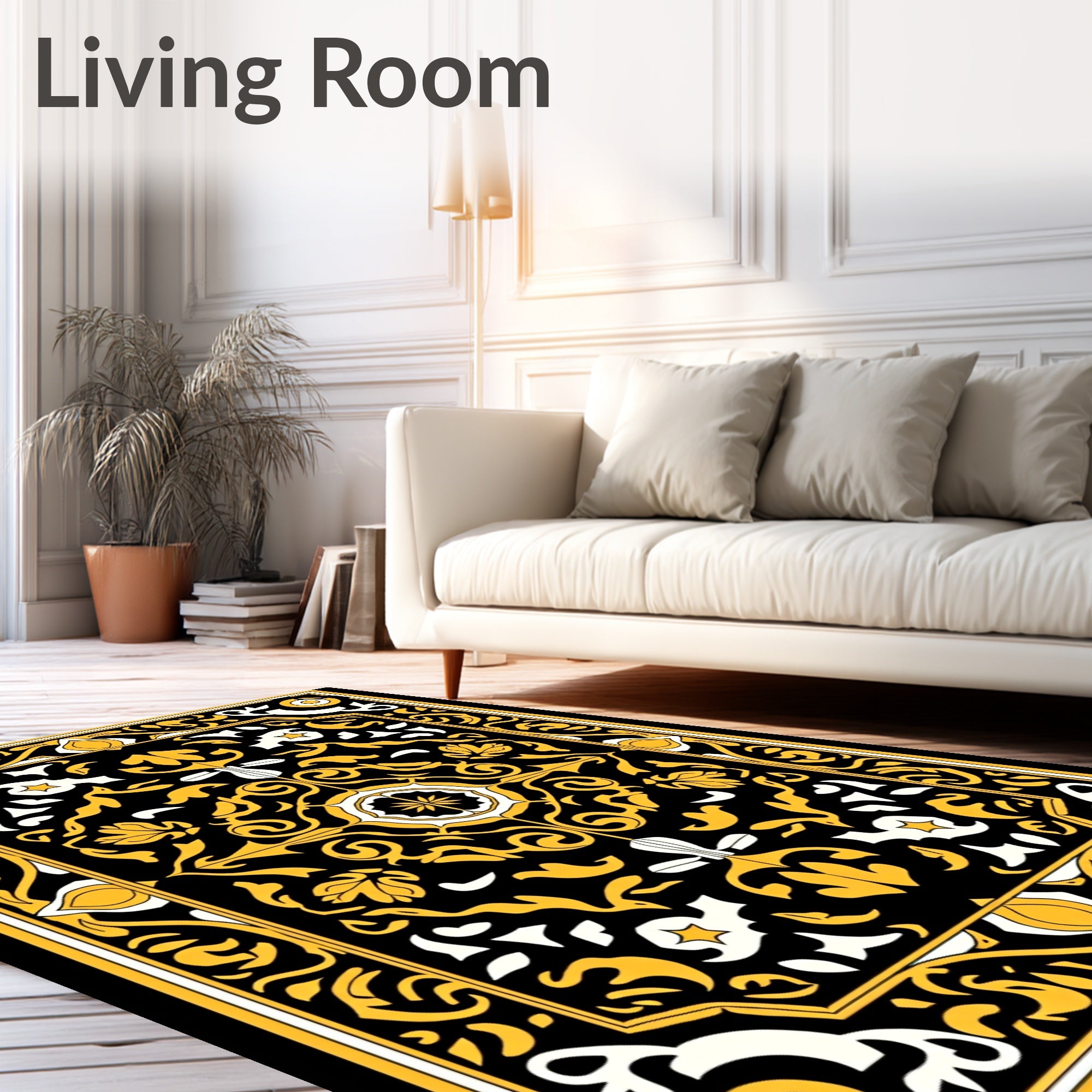 Elegant Black Gold Floral Pattern Rug