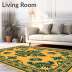 Golden Yellow Teal Floral Scroll Rug