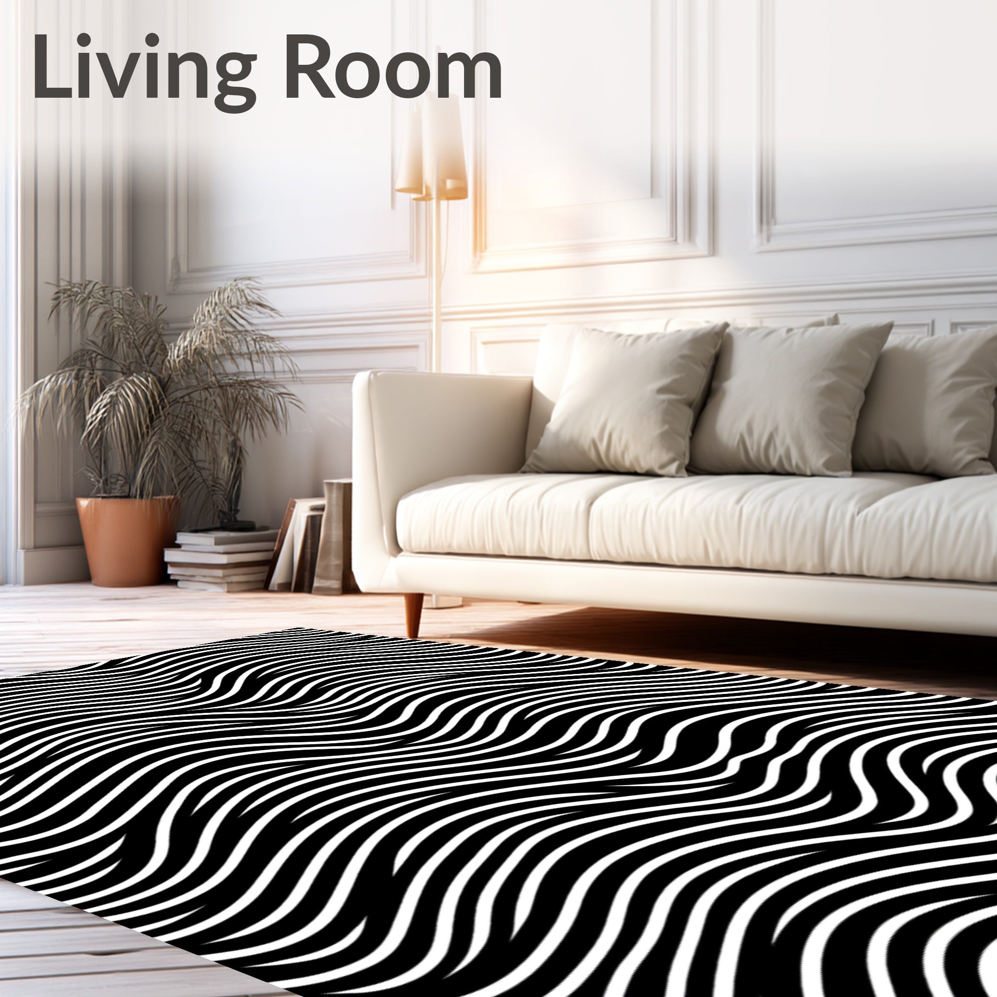 Black White Wavy Line Design Rug