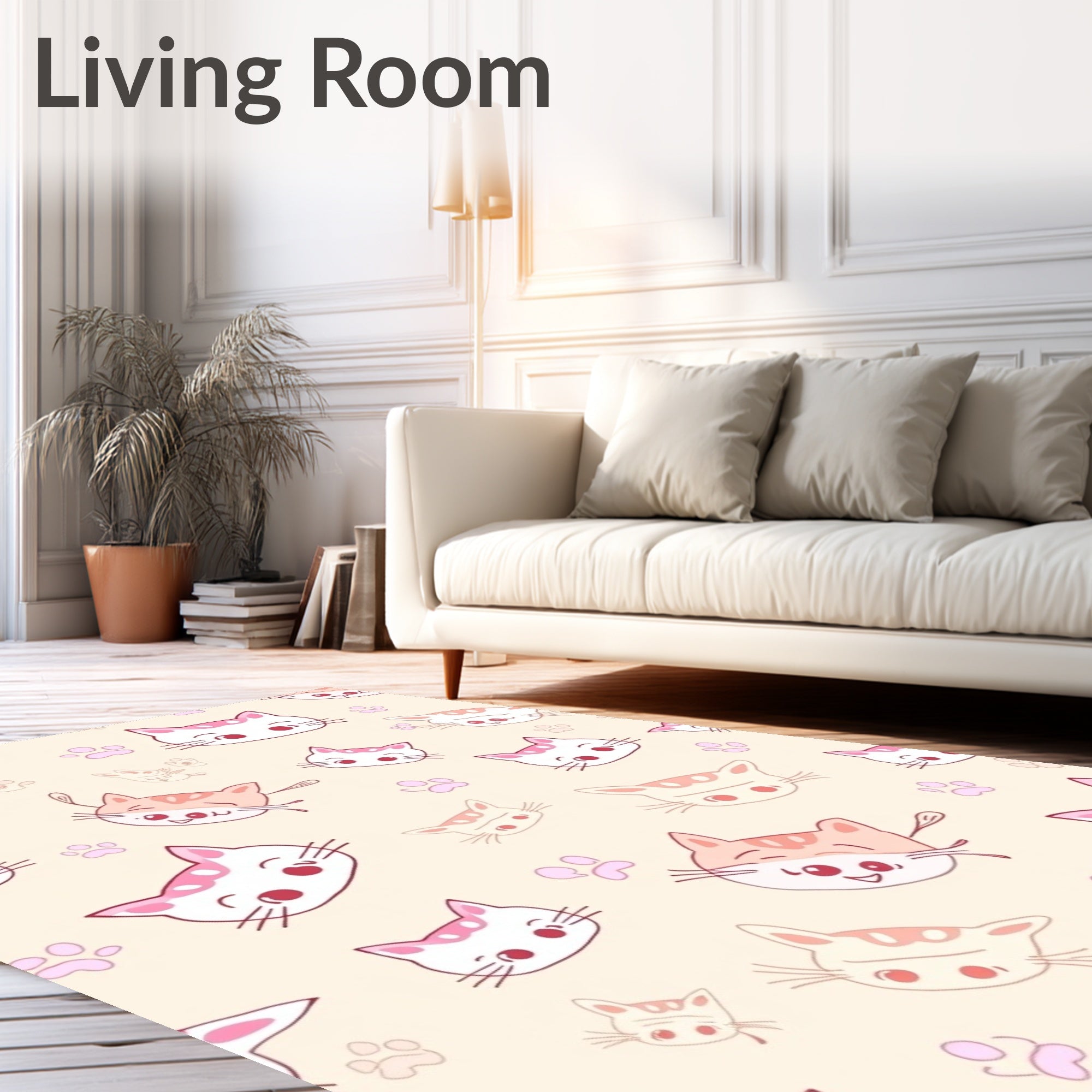 Cartoon Cat Faces Paw Prints Pattern Rug