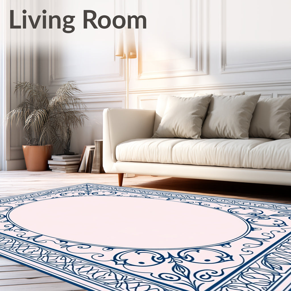Ornate Blue White Decorative Frame Rug