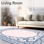 Ornate Blue White Decorative Frame Rug