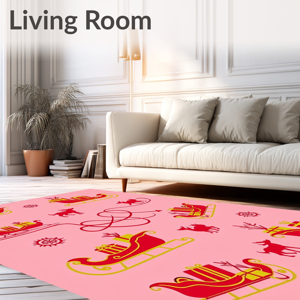 Red Sleighs With Gifts Reindeer Snowflakes Rug