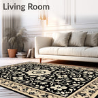 Classic Floral Patterned Black and Cream Rug
