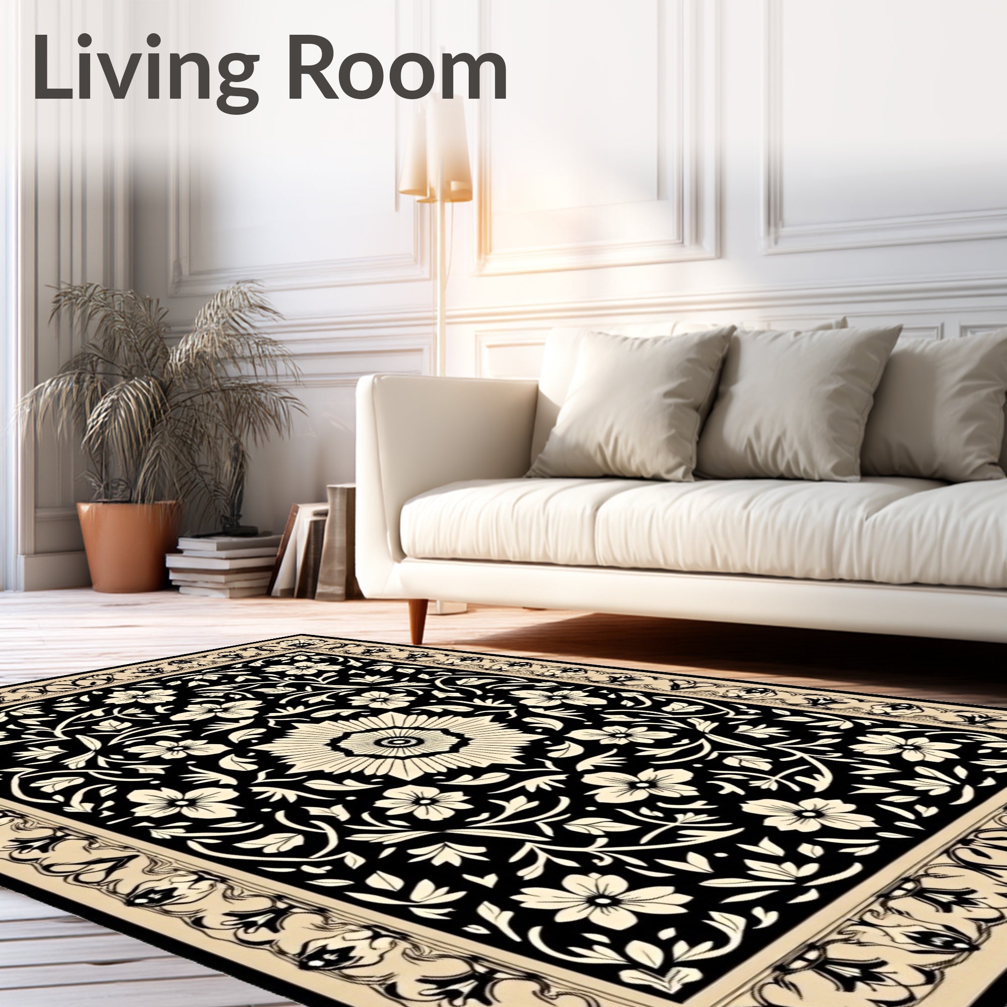 Classic Floral Patterned Black and Cream Rug