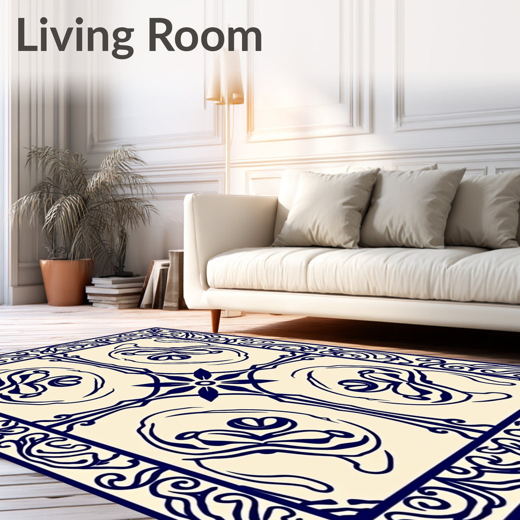Elegant Navy Floral Scroll Pattern Rug