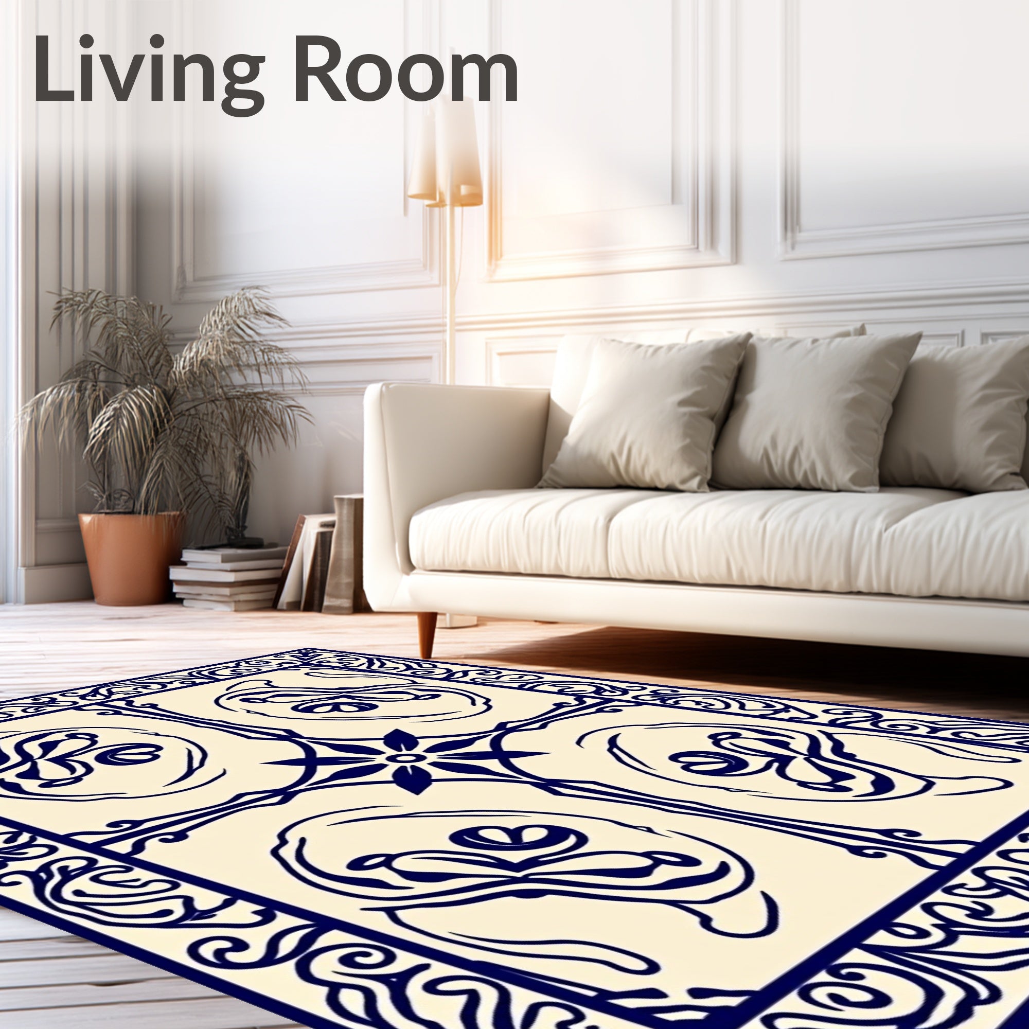 Elegant Navy Floral Scroll Pattern Rug