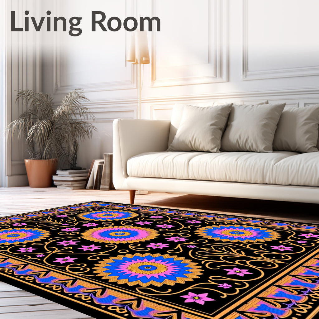 Vibrant Floral Medallion Black Pattern Rug