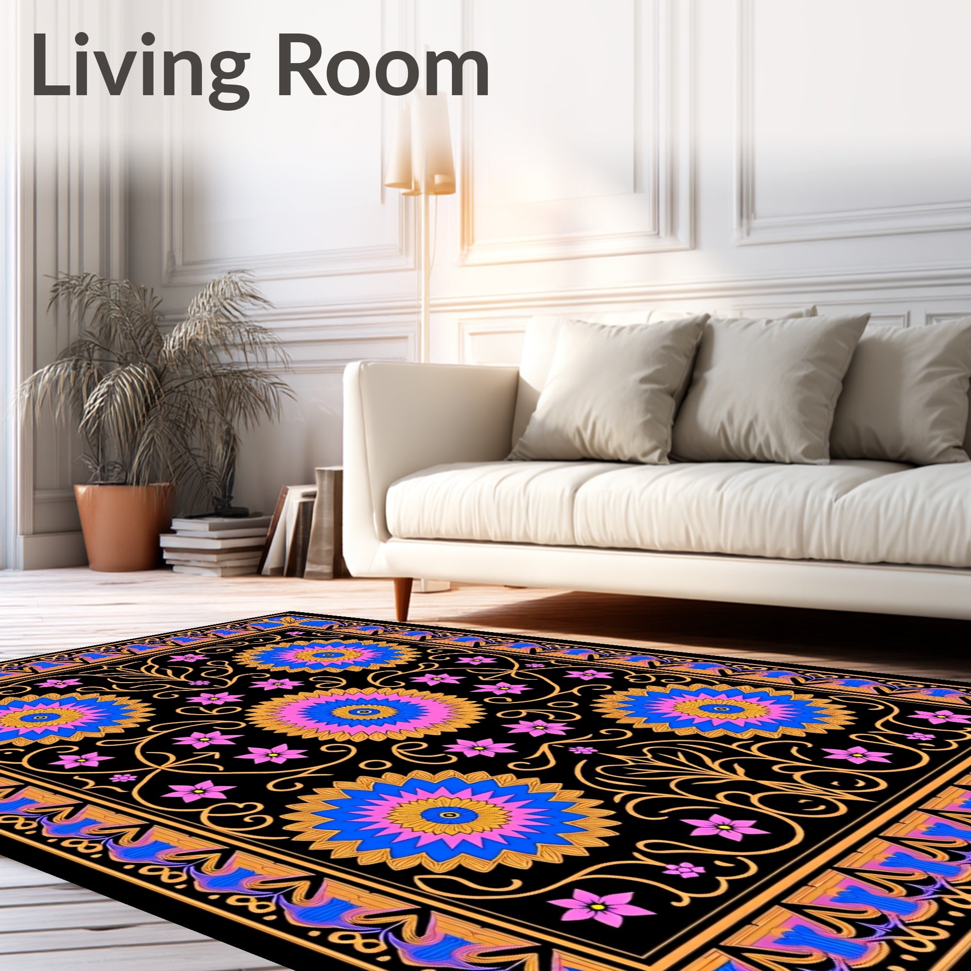 Vibrant Floral Medallion Black Pattern Rug