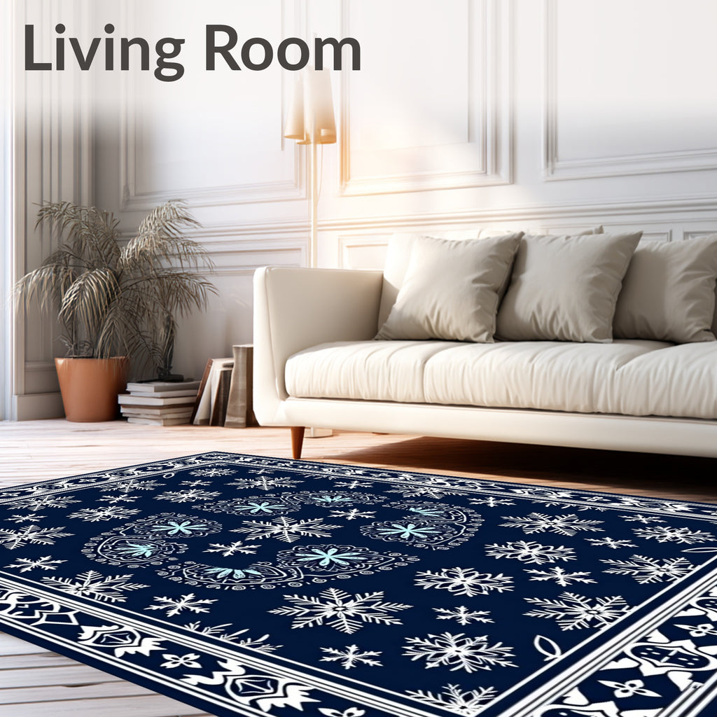 Dark Blue Snowflake Winter Mandala Rug
