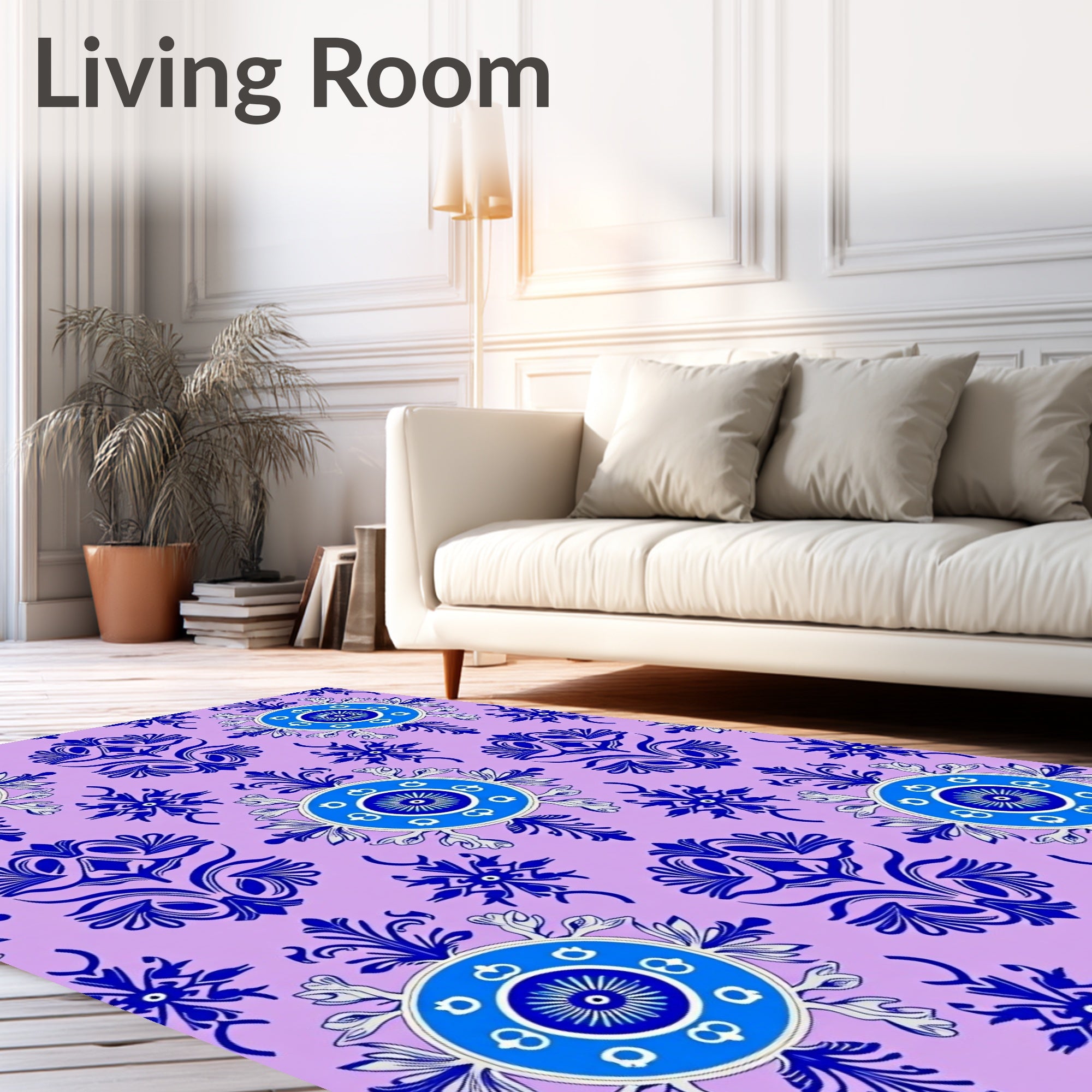 Blue Floral Medallion Patterned Violet Surface Rug