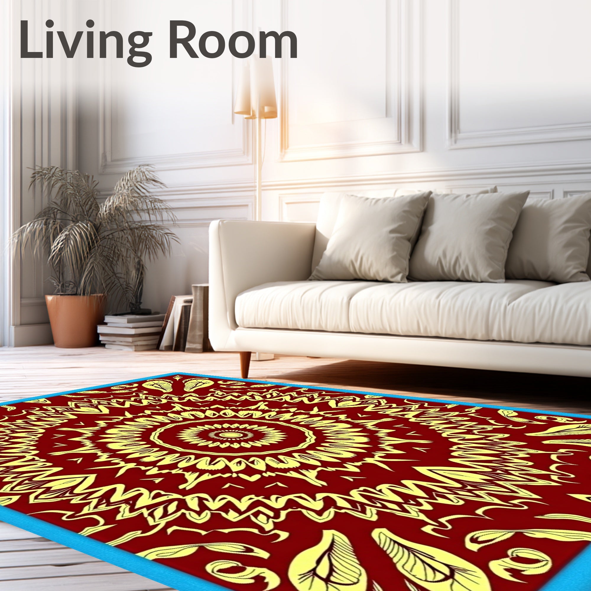Crimson Yellow Sunburst Mandala Pattern Rug