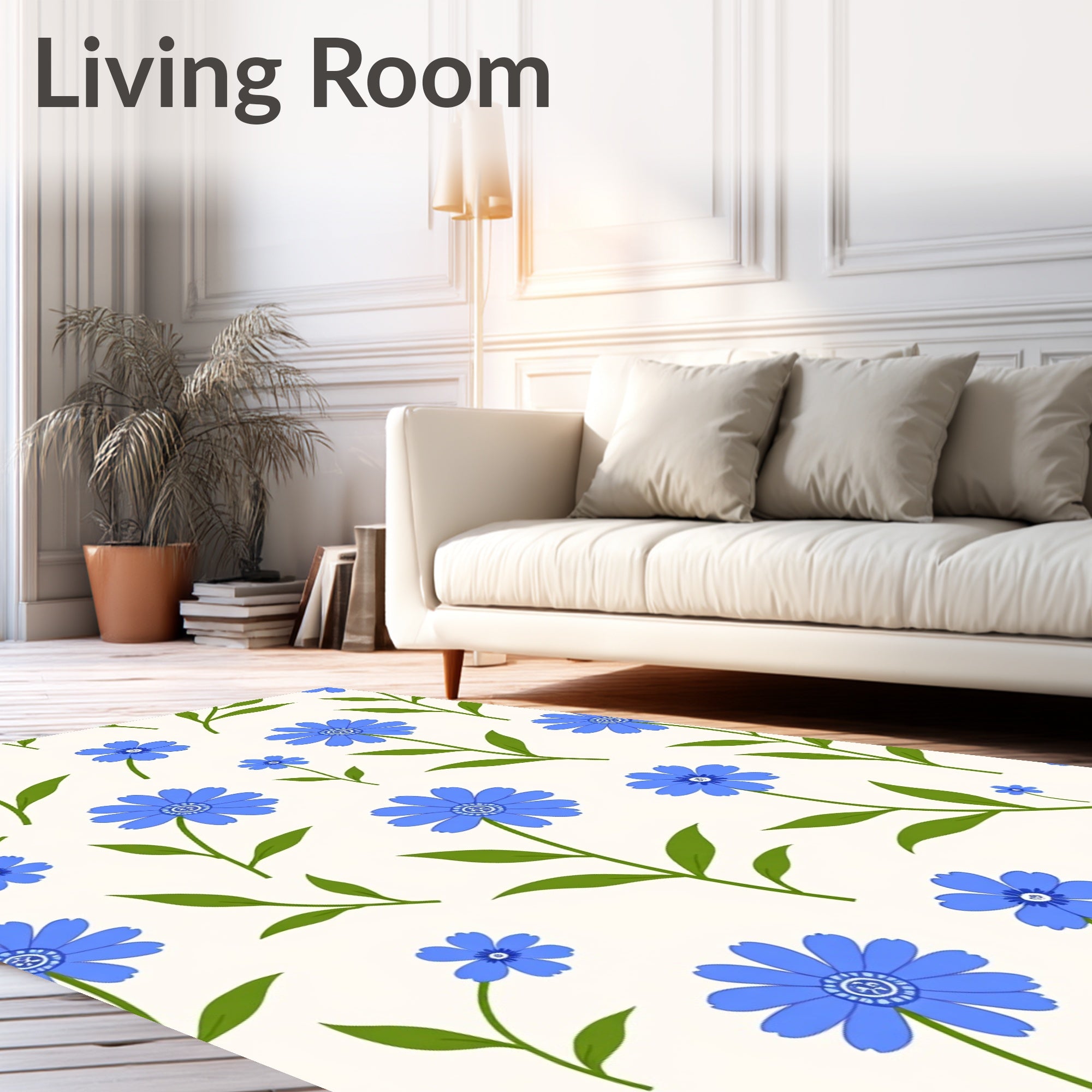 Blue Floral Patterned Garden Design Rug