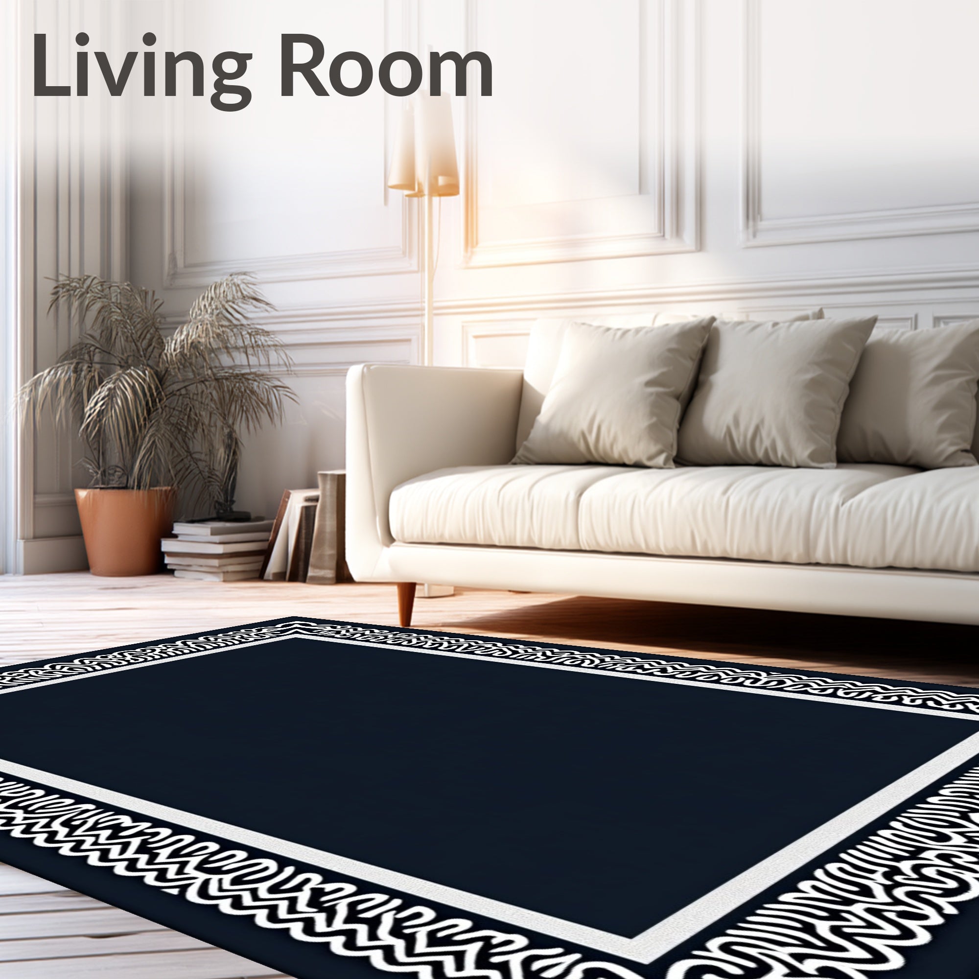 Abstract Black White Scrollwork Frame Rug