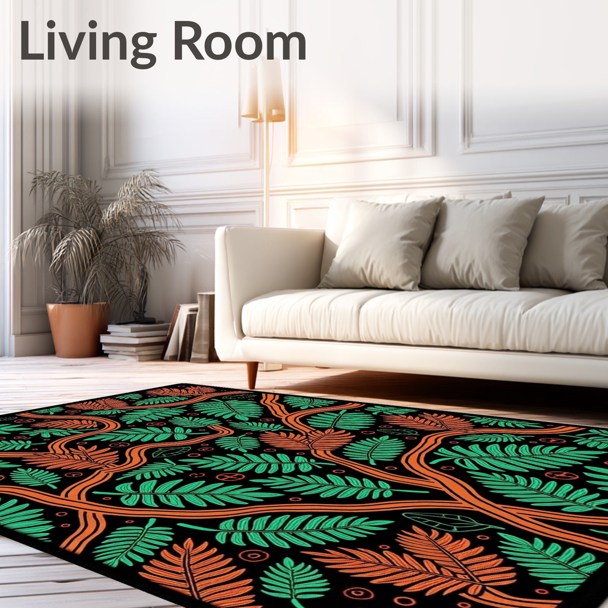 Jungle Fern Branch Black Orange Botanical Rug