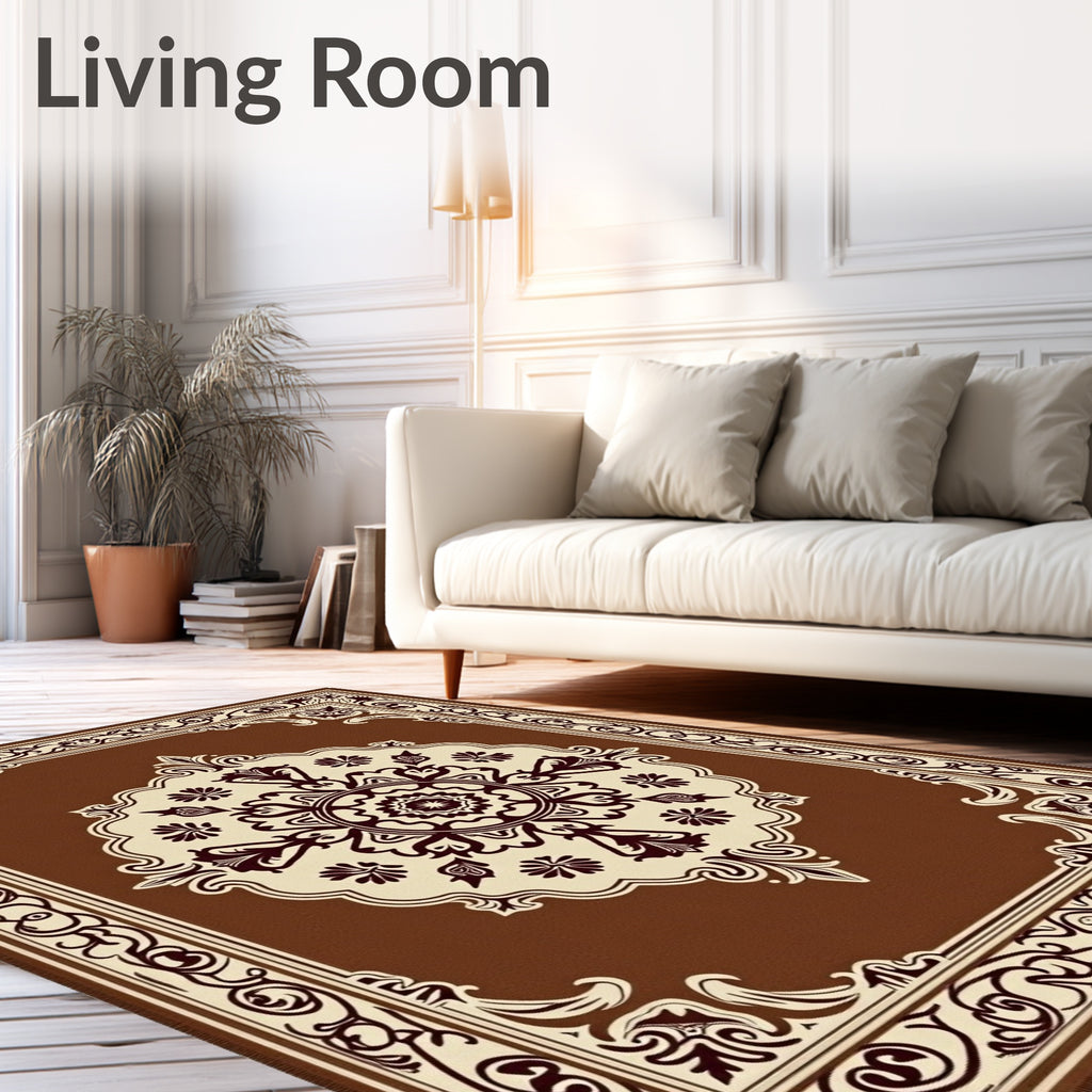 Ornate Floral Medallion Brown Rug