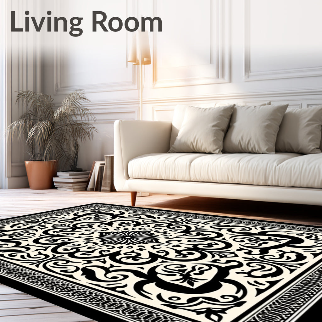 Intricate Black Cream Floral Mandala Rug