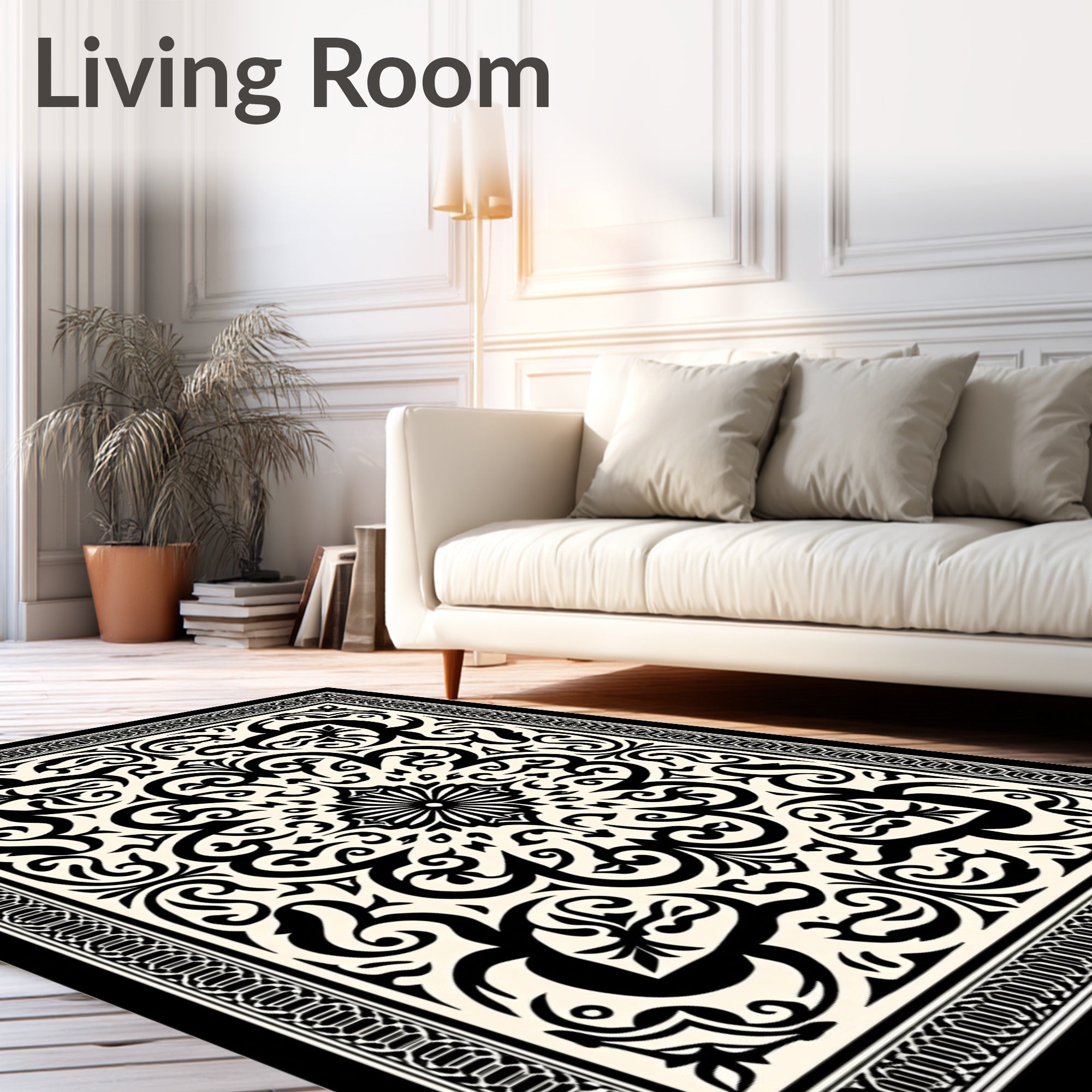 Intricate Black Cream Floral Mandala Rug