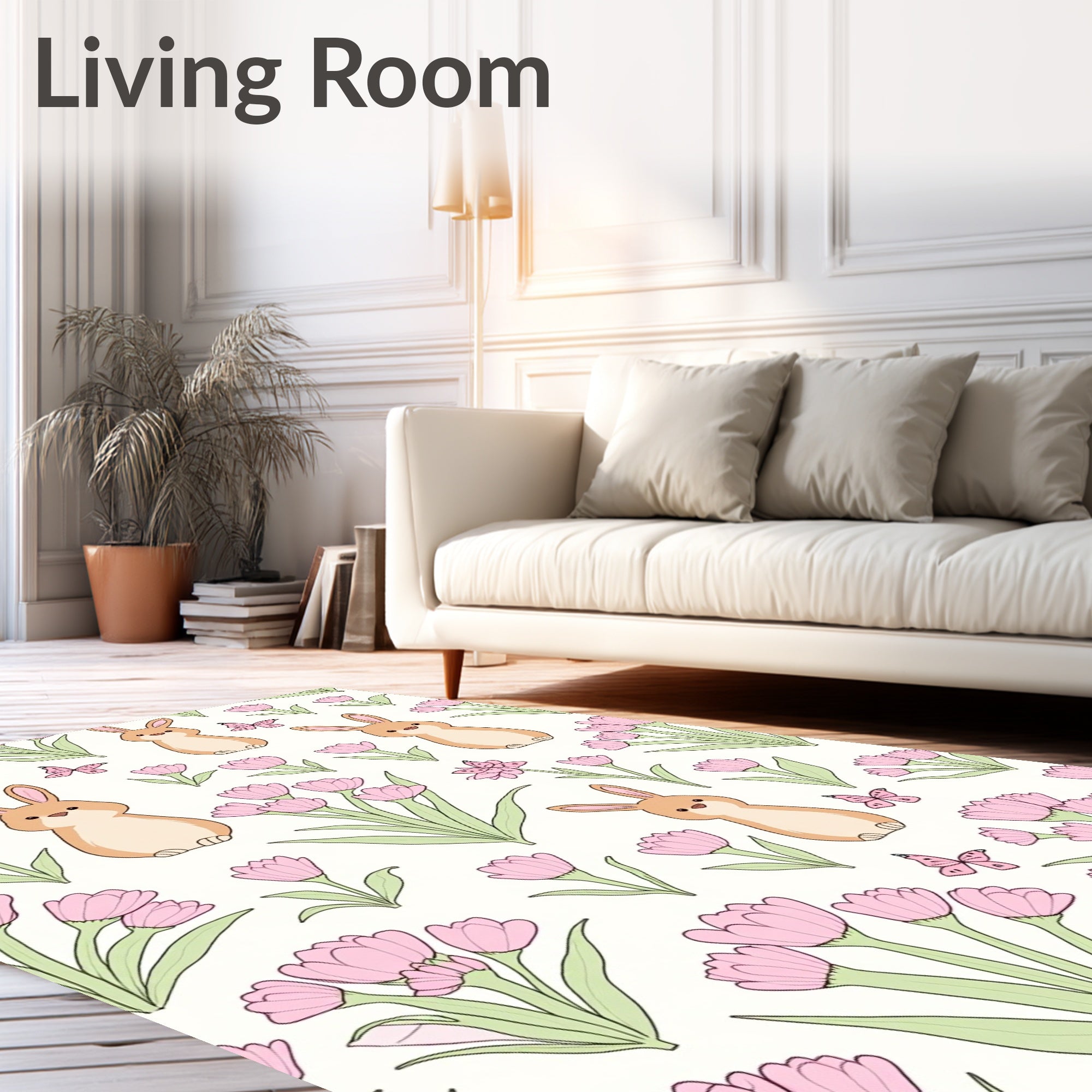 Cute Bunny 2 Pink Floral Pattern Rug