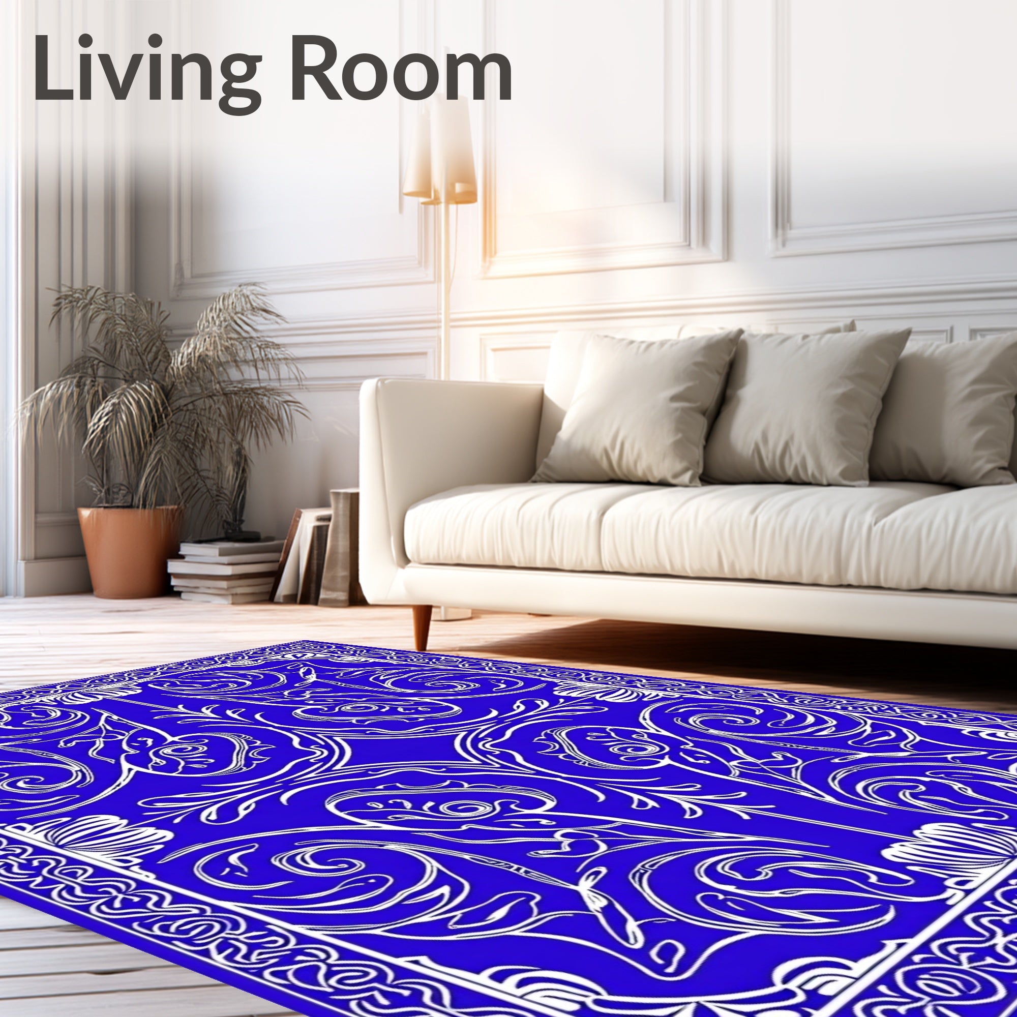 Elegant Blue White Floral Scroll Border Rug