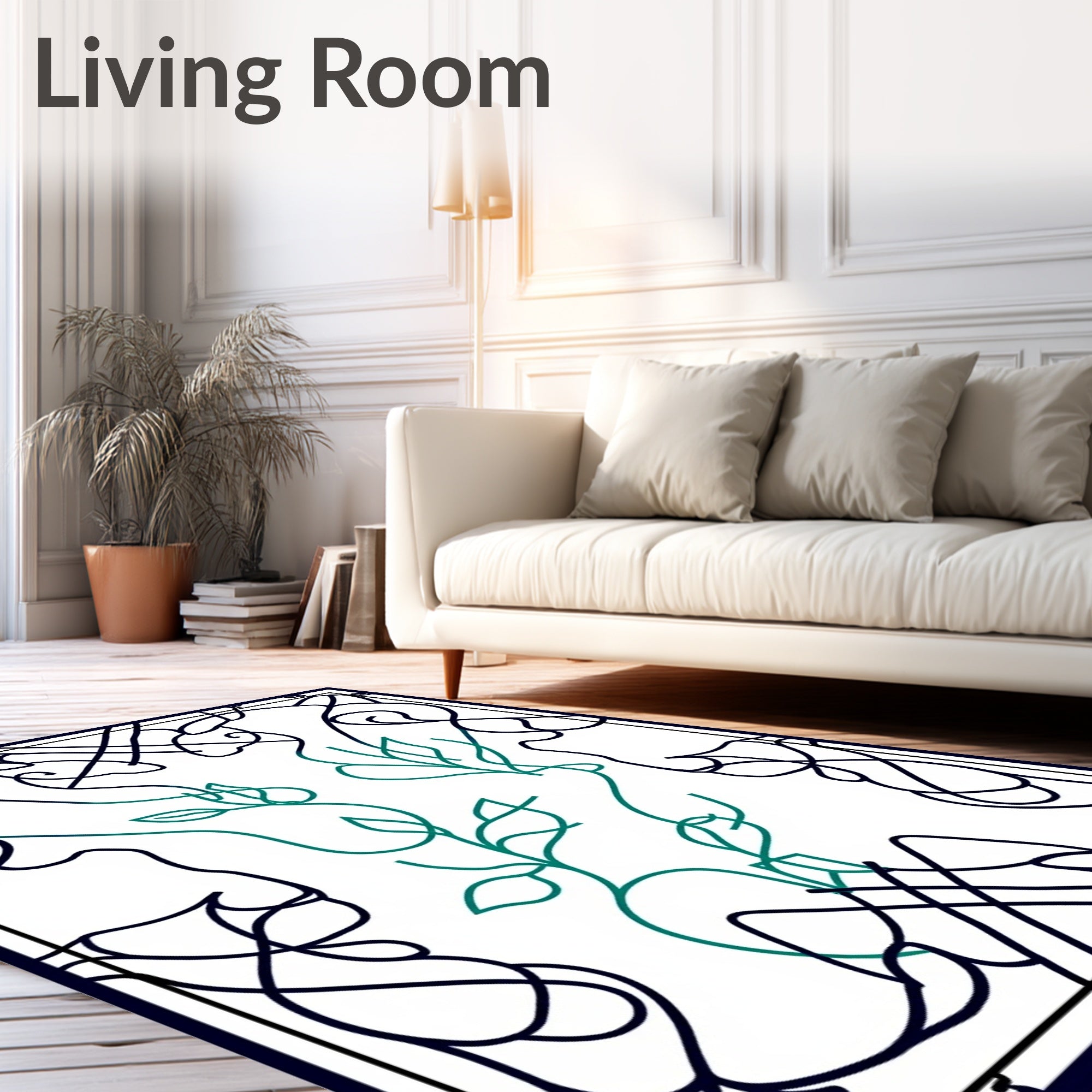 Minimalist Black Green Swirl Vine Design Rug