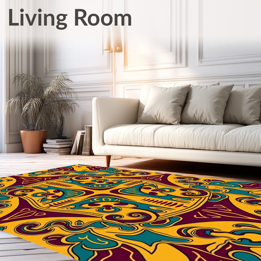 Stylized Yellow Teal Burgundy Medallion Rug