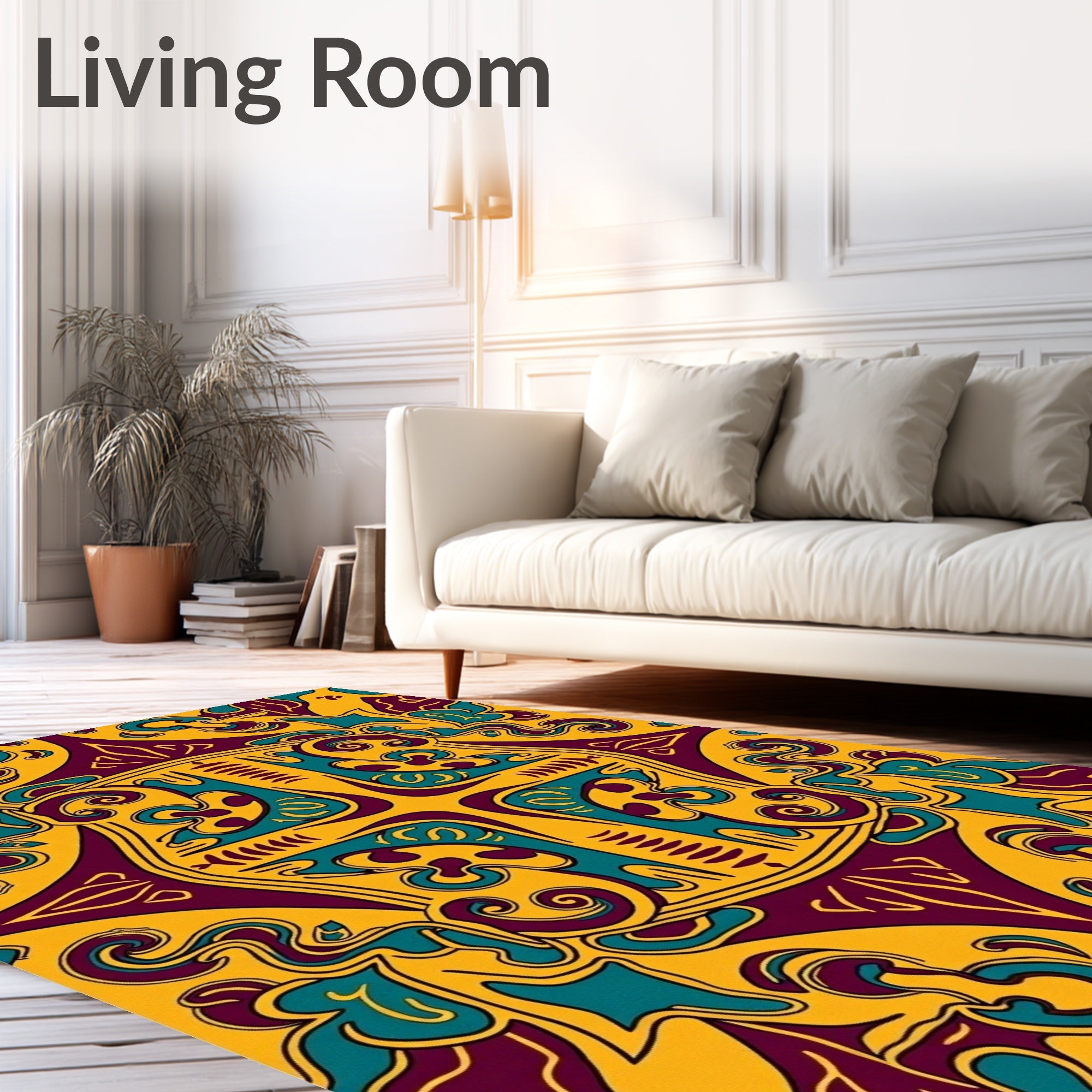 Stylized Yellow Teal Burgundy Medallion Rug
