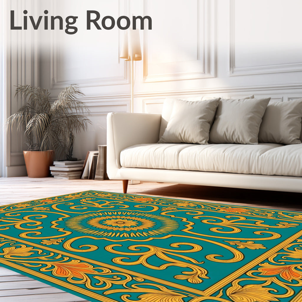 Teal Gold Intricate Floral Medallion Design Rug