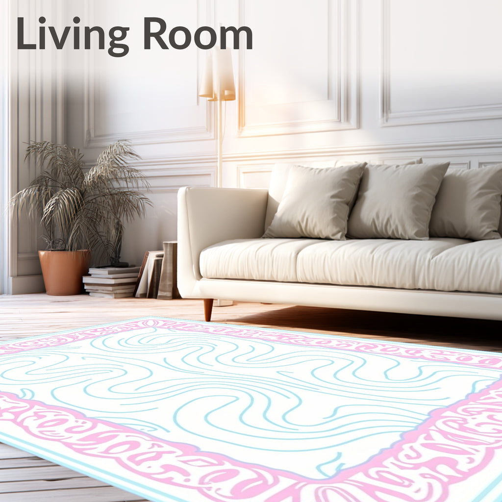 Pink Floral Frame Aqua Swirls Pattern Rug