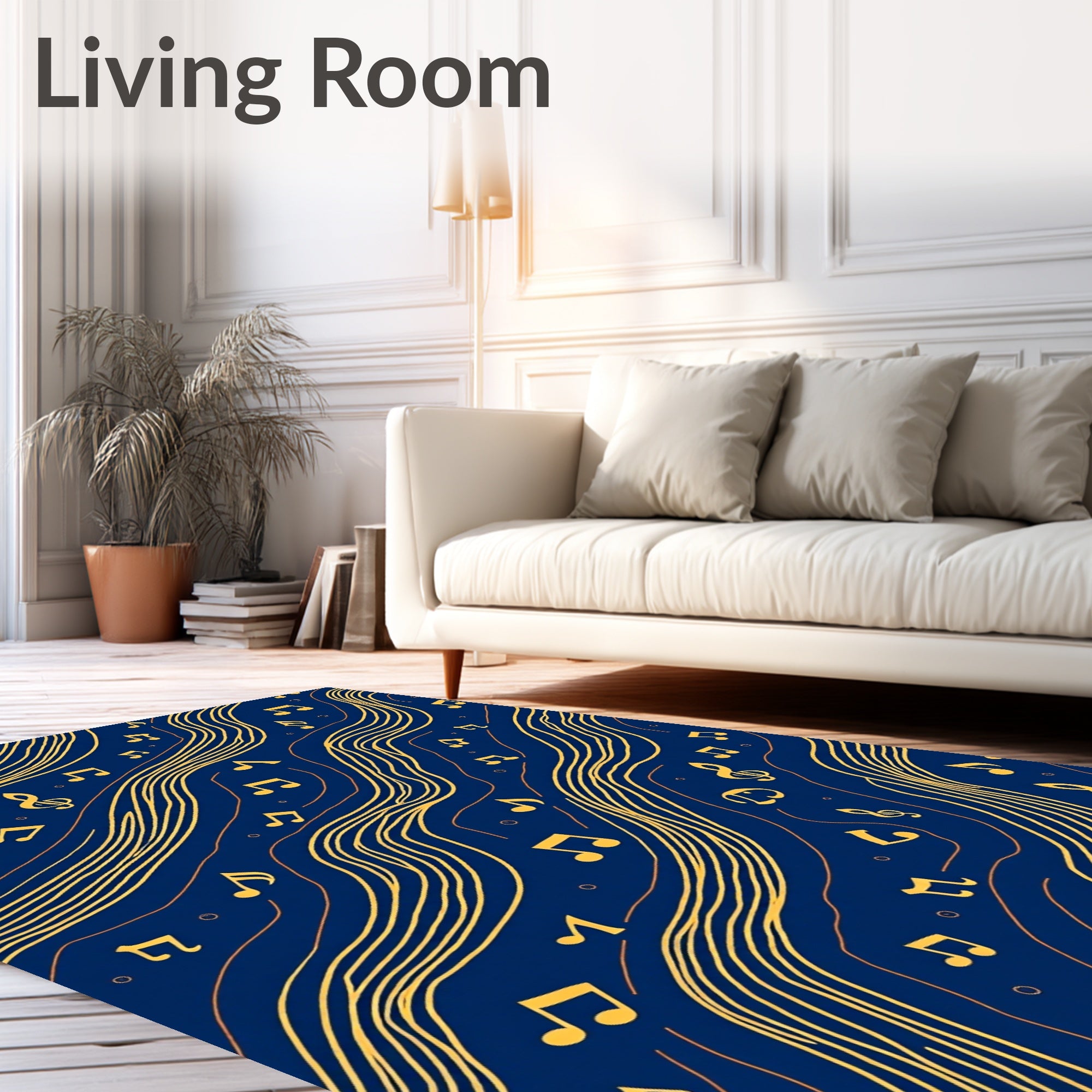 Golden Musical Notes Wavy Pattern Rug