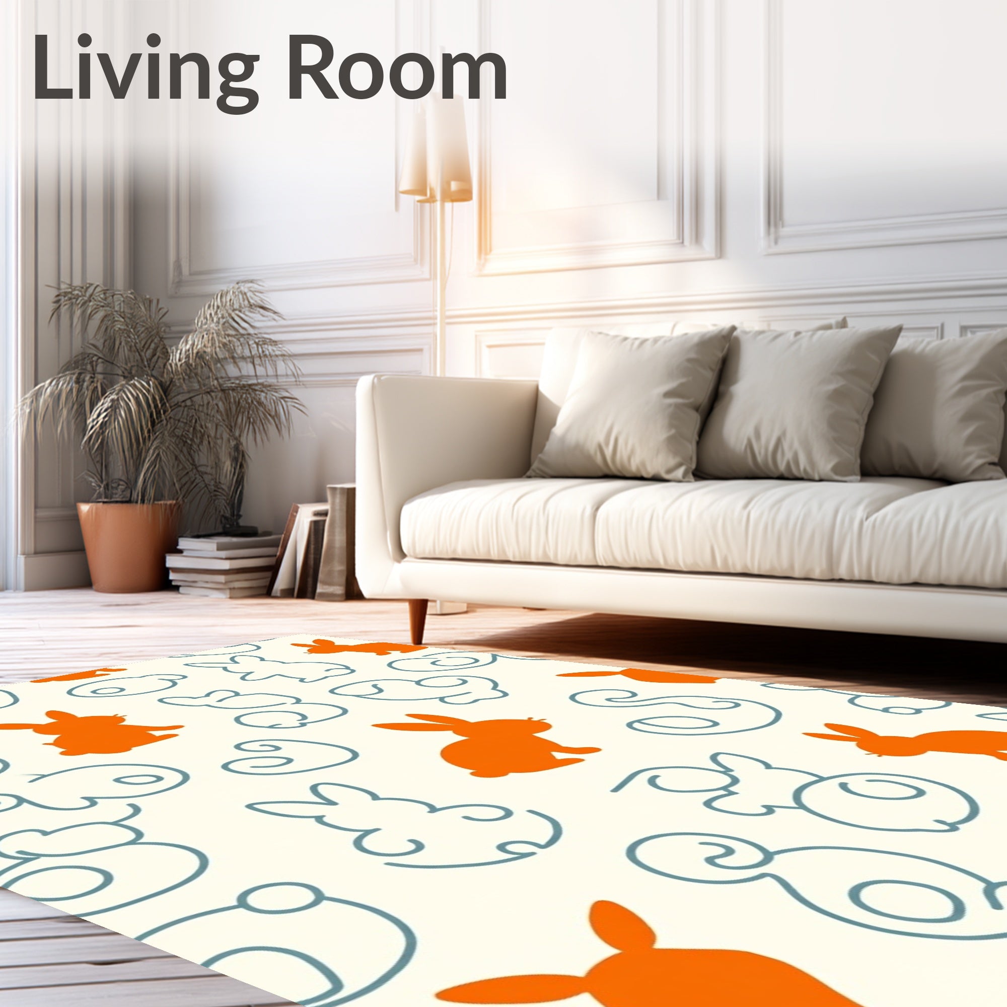 Orange Bunny Line Art Pattern Rug