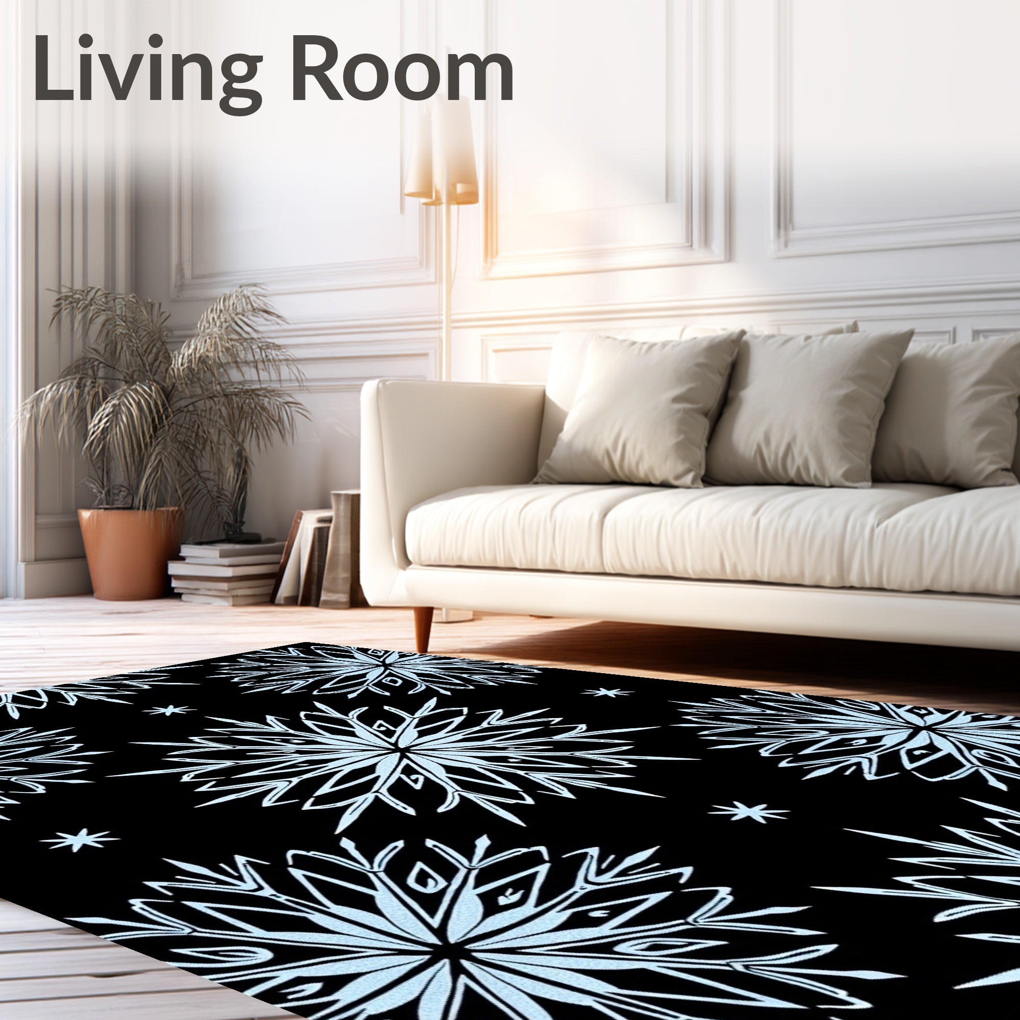 Light Blue Snowflake Black Starburst Rug