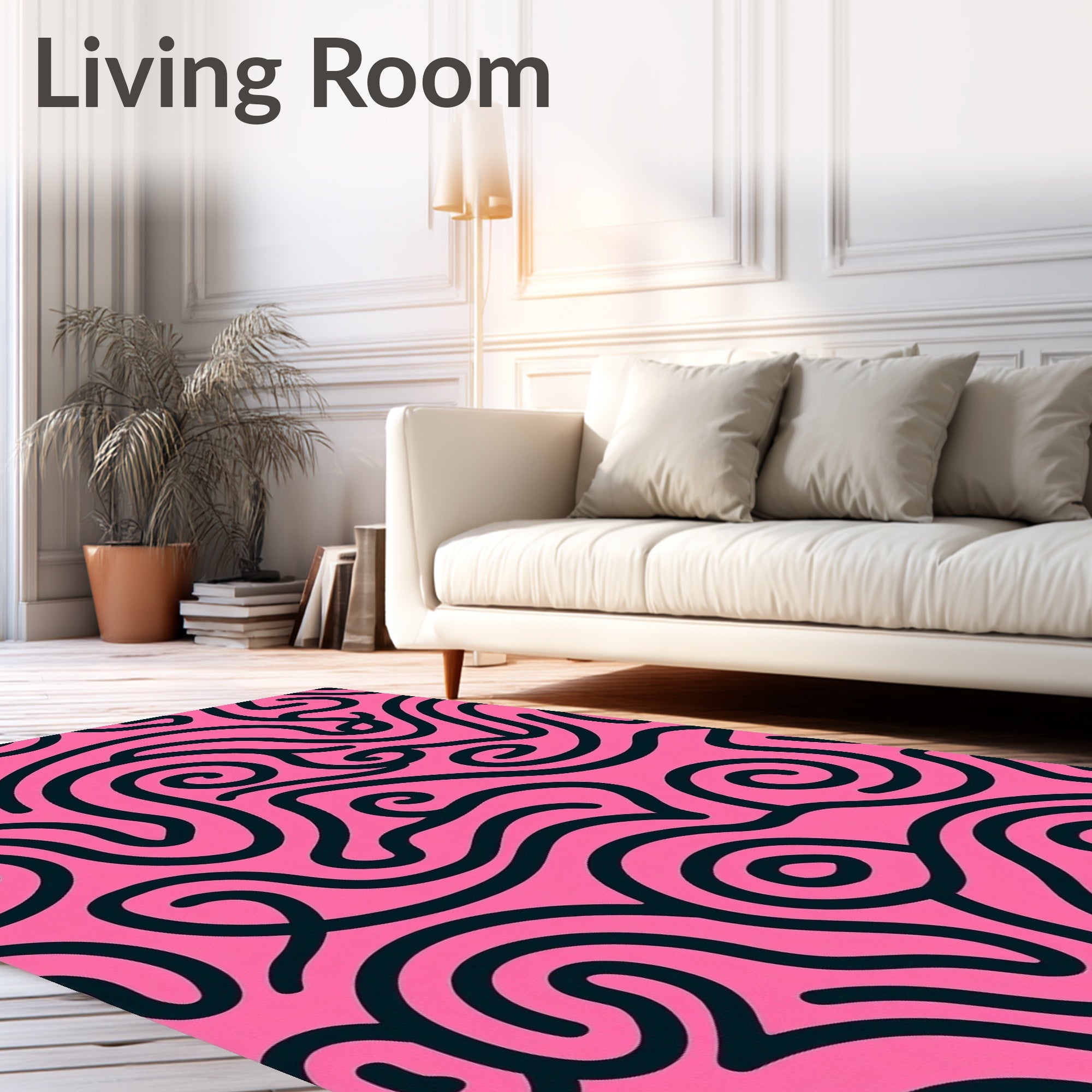 Bold Black Swirl Abstract Pink Rug