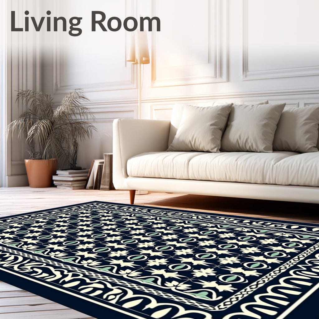 Dark Blue Cream Floral Garden Rug