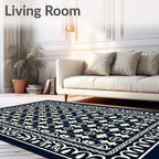 Dark Blue Cream Floral Garden Rug