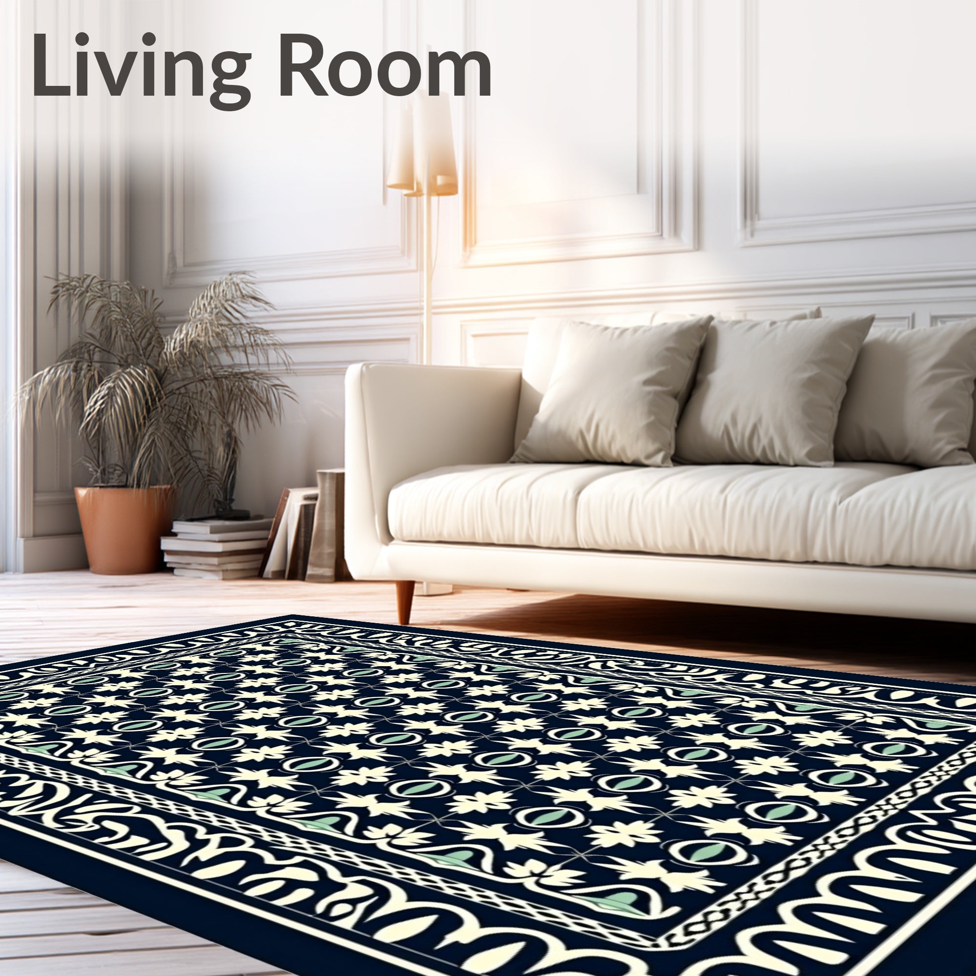 Dark Blue Cream Floral Garden Rug