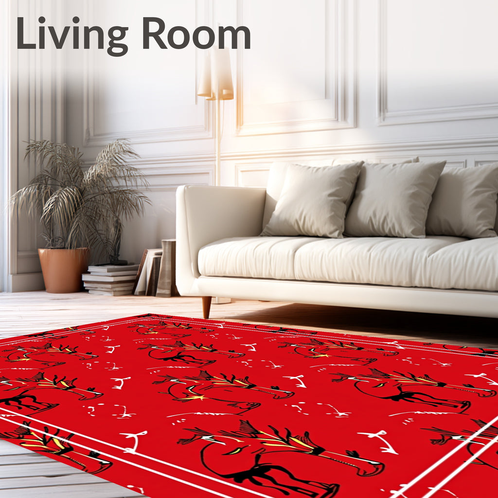 Whimsical Red Tribal Animal Illustration Rug
